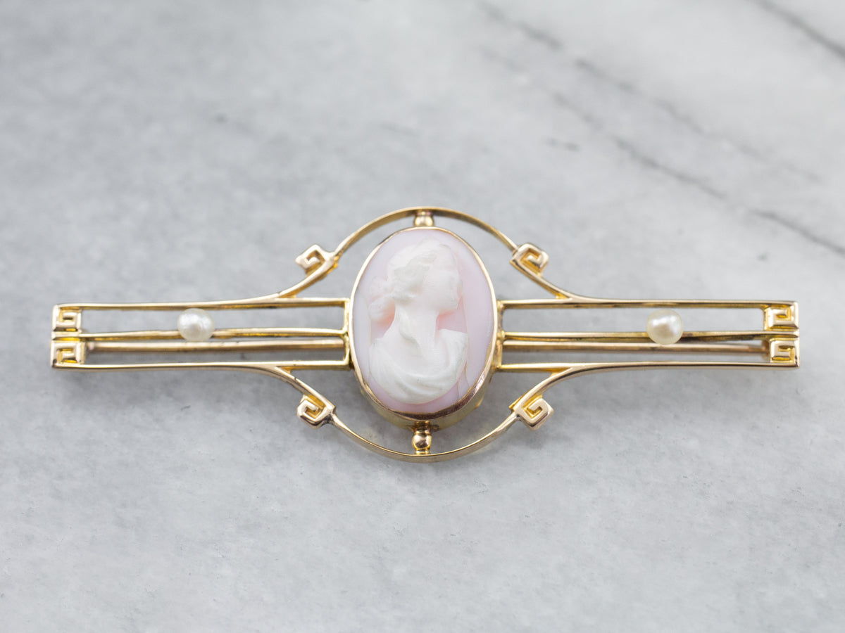 Art Nouveau Pink Cameo Seed Pearl Brooch