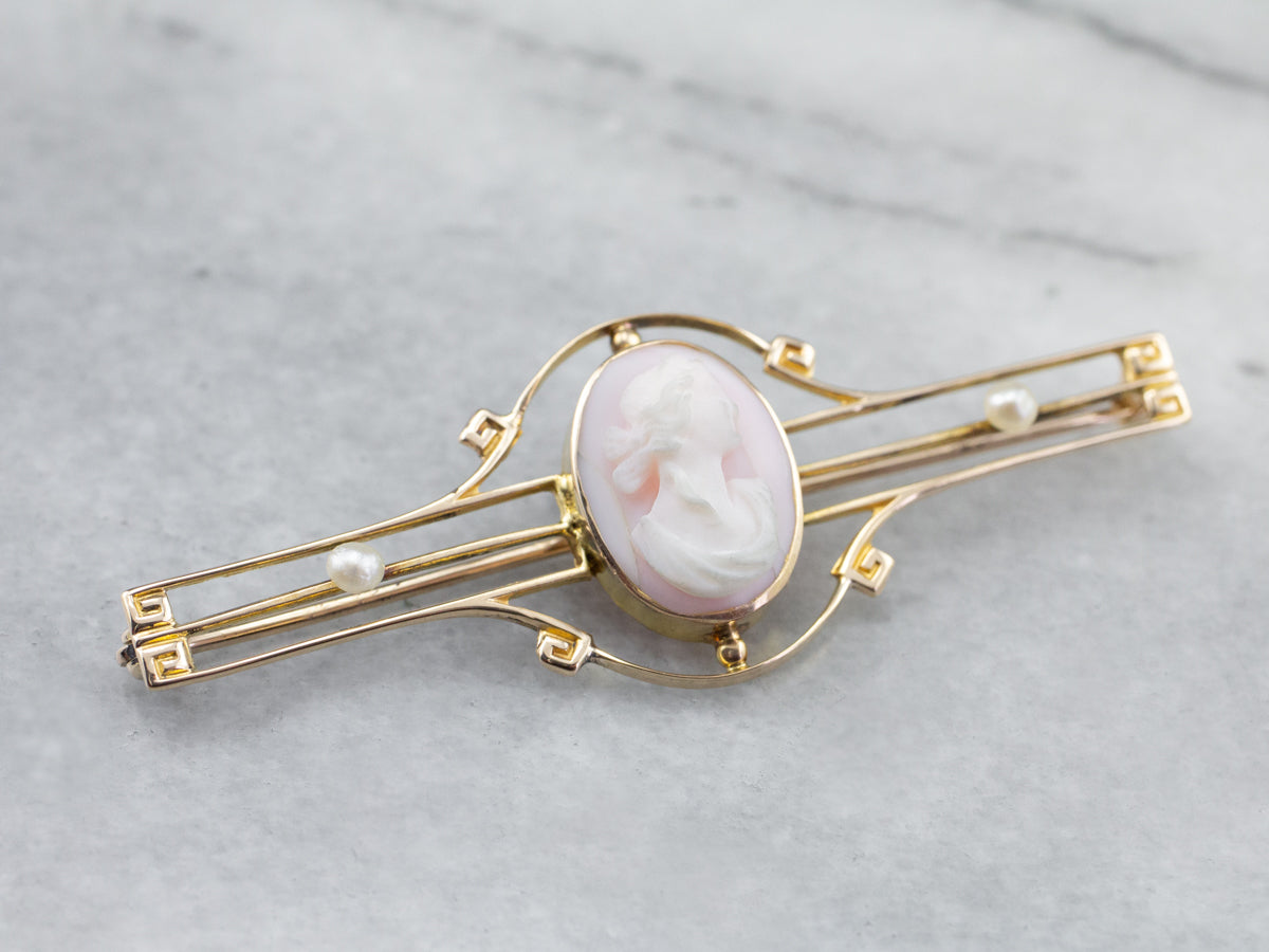 Art Nouveau Pink Cameo Seed Pearl Brooch