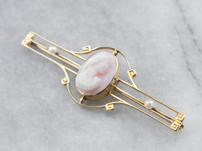 Art Nouveau Pink Cameo Seed Pearl Brooch