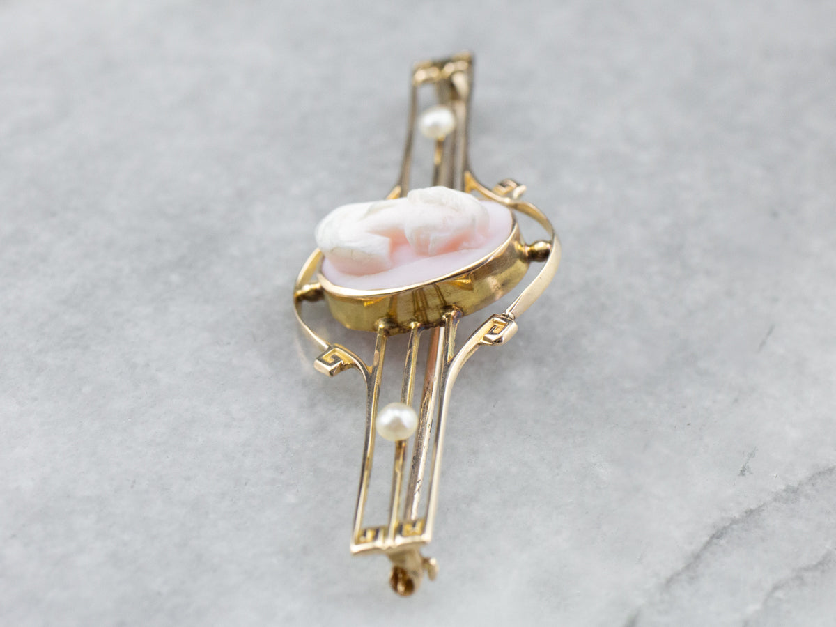 Art Nouveau Pink Cameo Seed Pearl Brooch