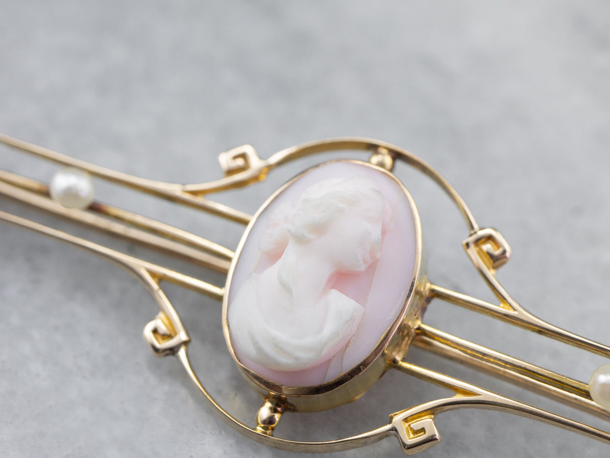Art Nouveau Pink Cameo Seed Pearl Brooch