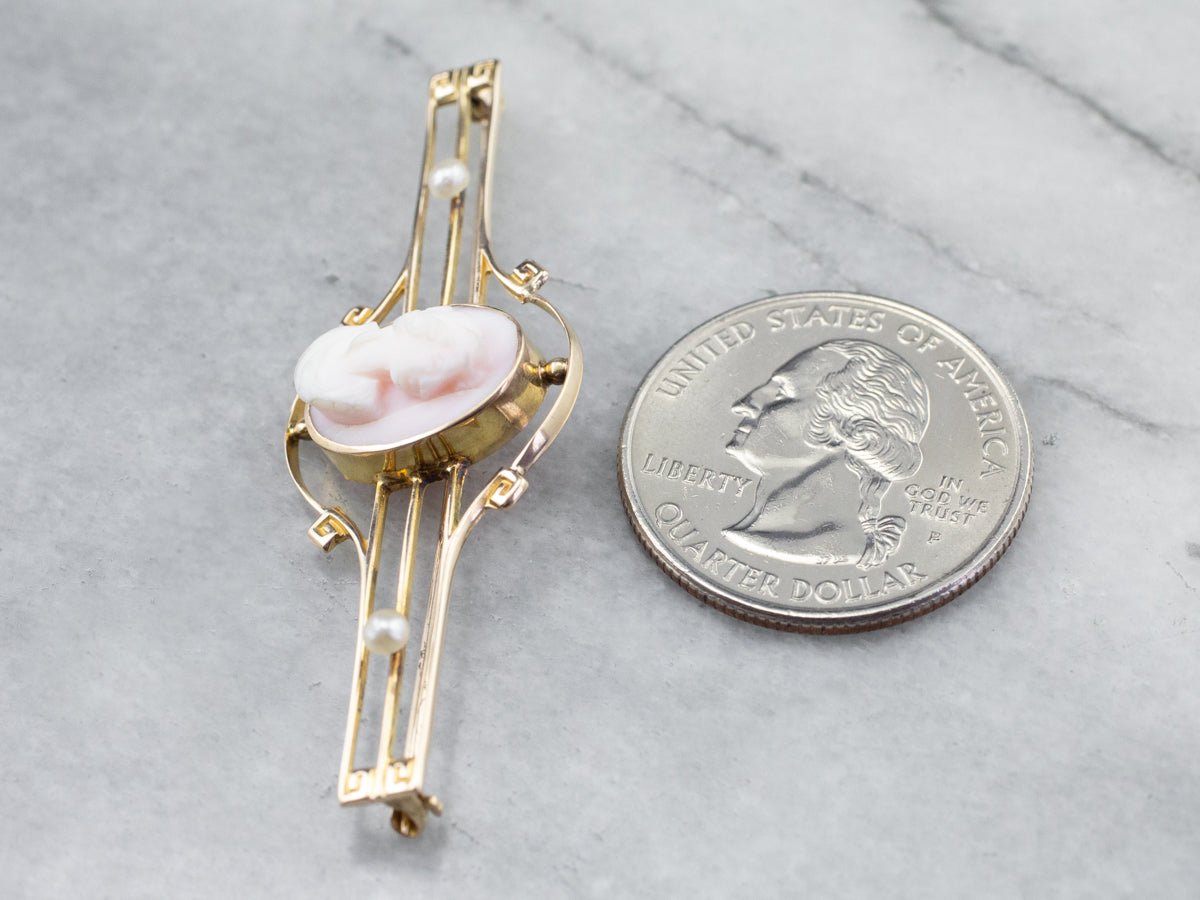 Art Nouveau Pink Cameo Seed Pearl Brooch