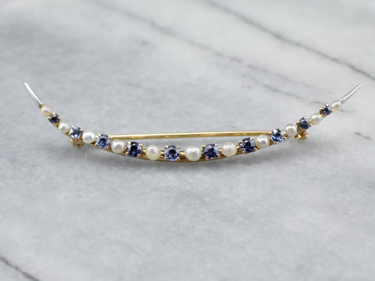 Crescent Moon Sapphire and Pearl Brooch