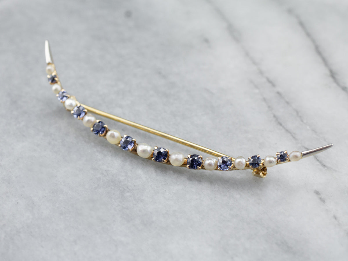 Crescent Moon Sapphire and Pearl Brooch
