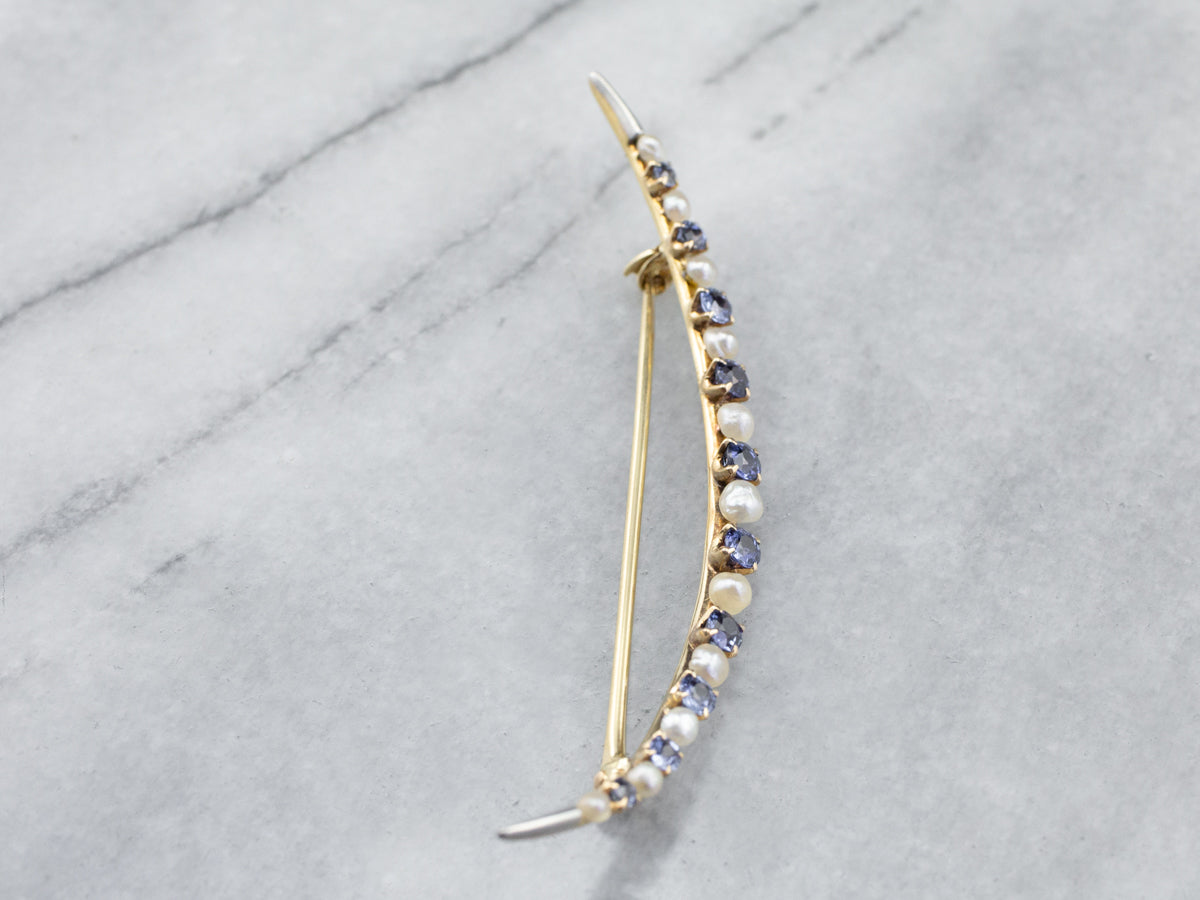 Crescent Moon Sapphire and Pearl Brooch