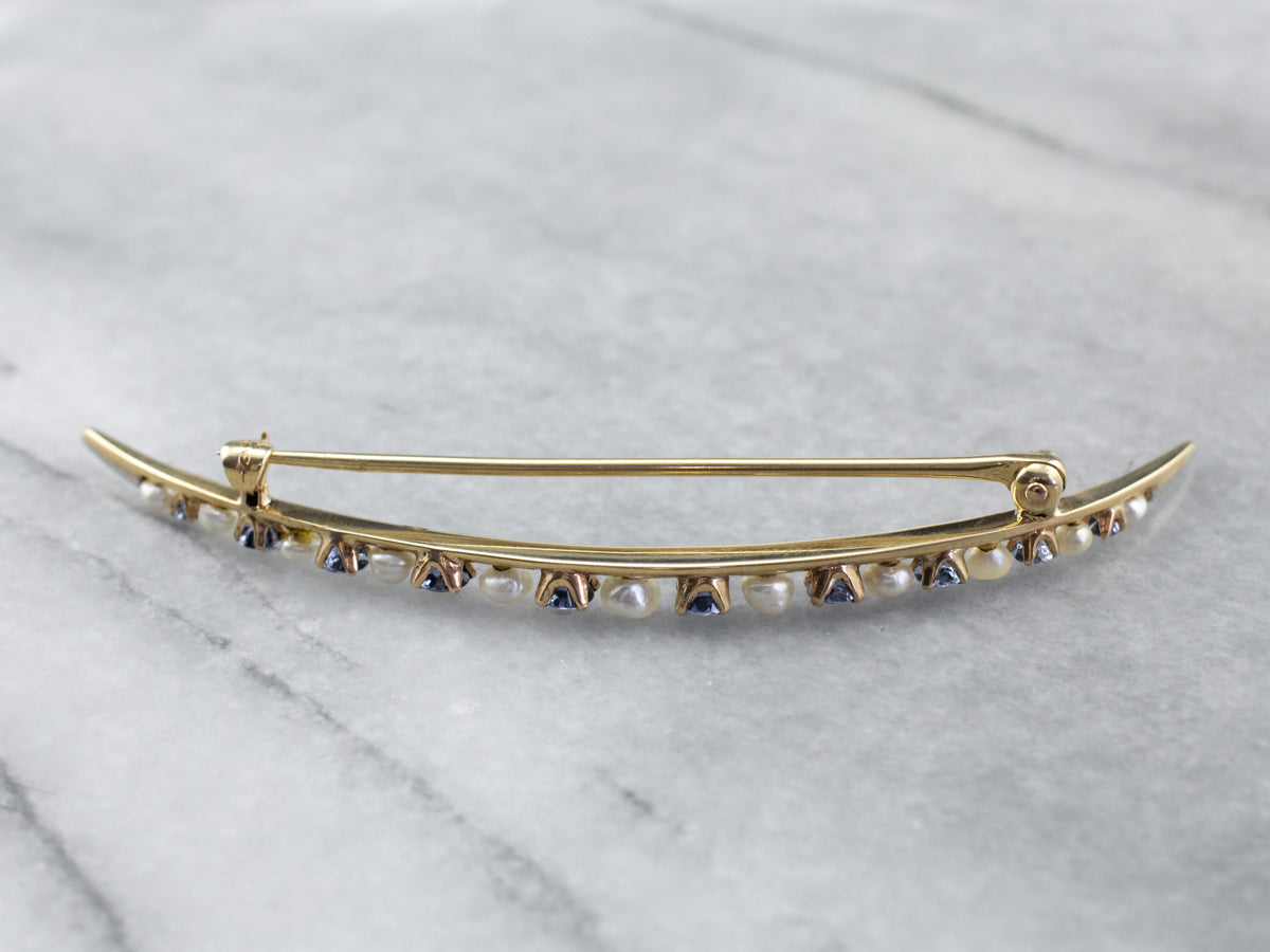 Crescent Moon Sapphire and Pearl Brooch