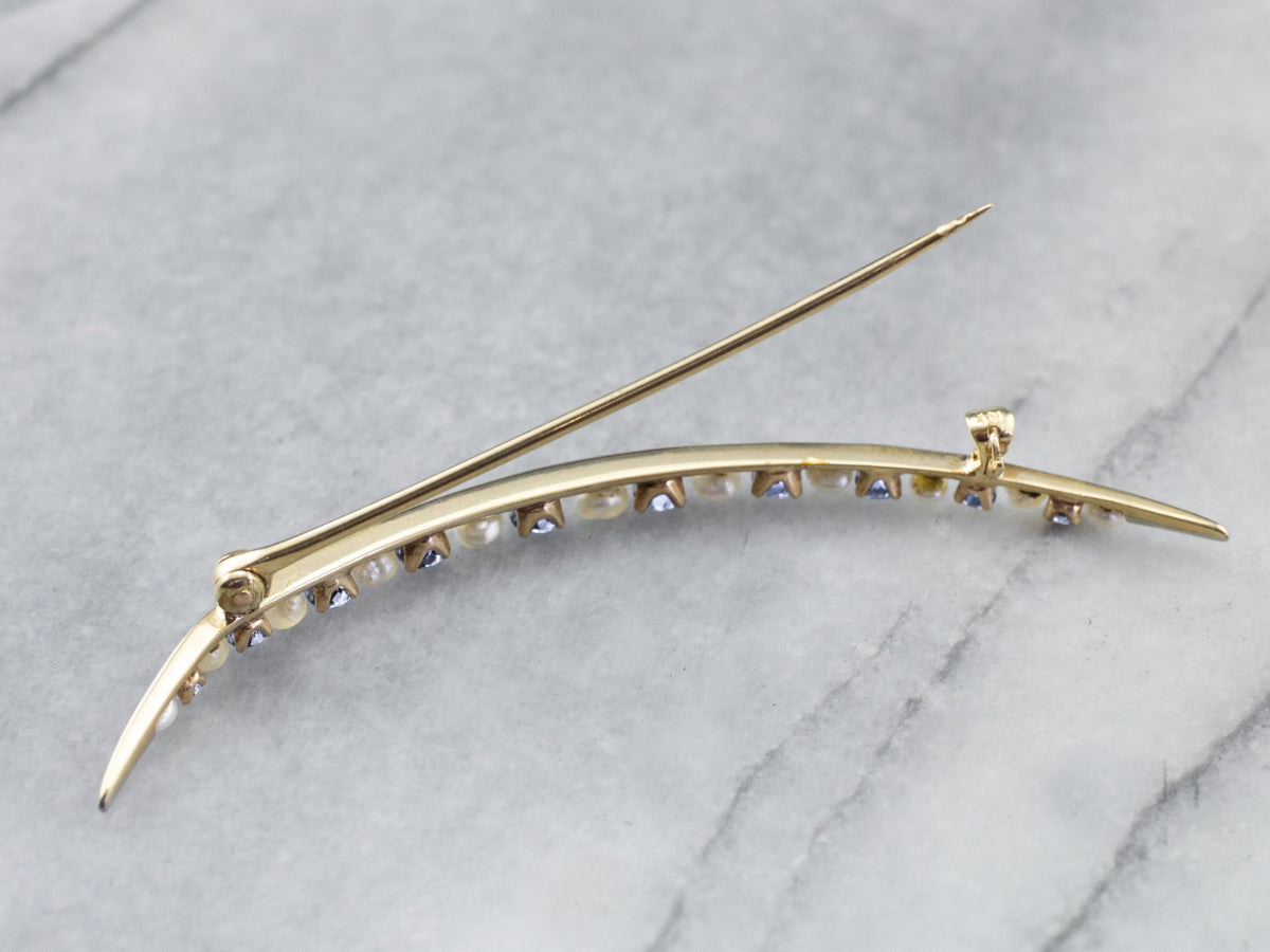 Crescent Moon Sapphire and Pearl Brooch