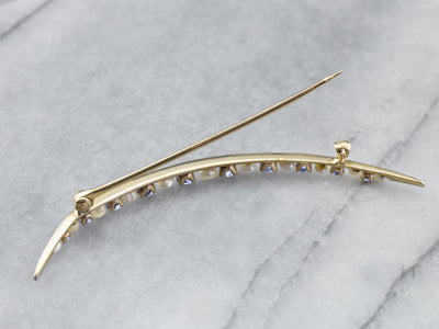 Crescent Moon Sapphire and Pearl Brooch