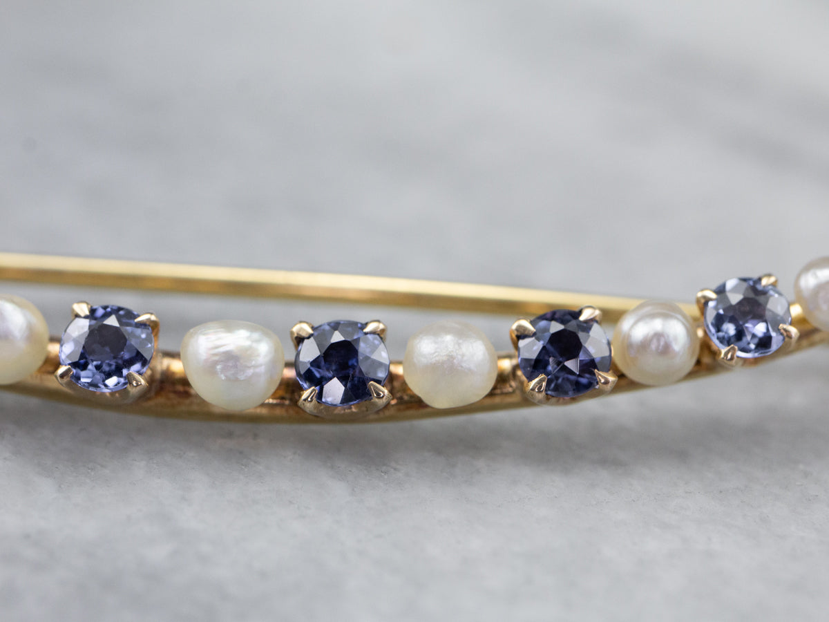 Crescent Moon Sapphire and Pearl Brooch