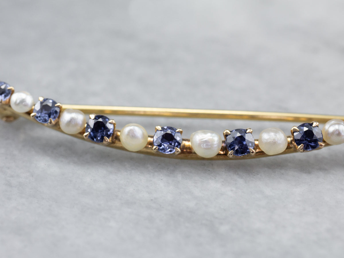 Crescent Moon Sapphire and Pearl Brooch