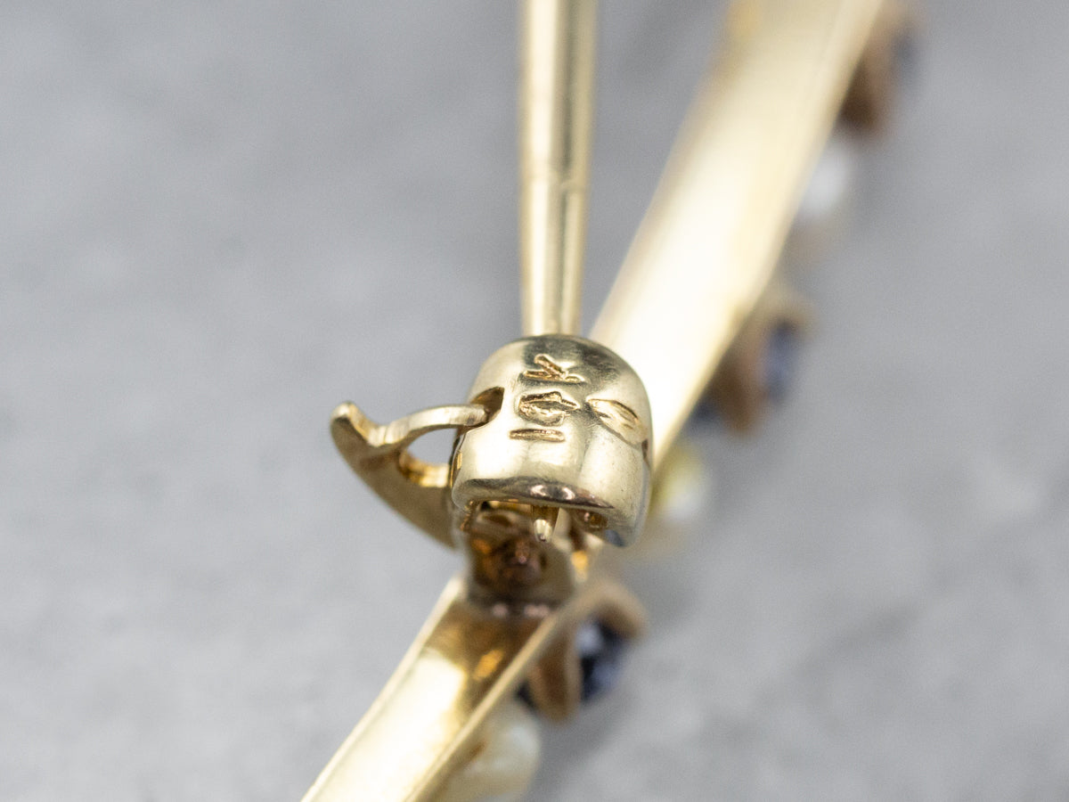 Crescent Moon Sapphire and Pearl Brooch