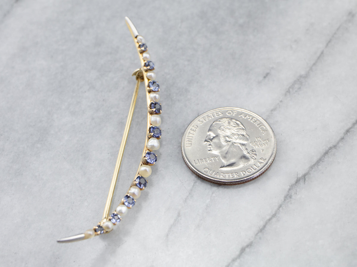 Crescent Moon Sapphire and Pearl Brooch