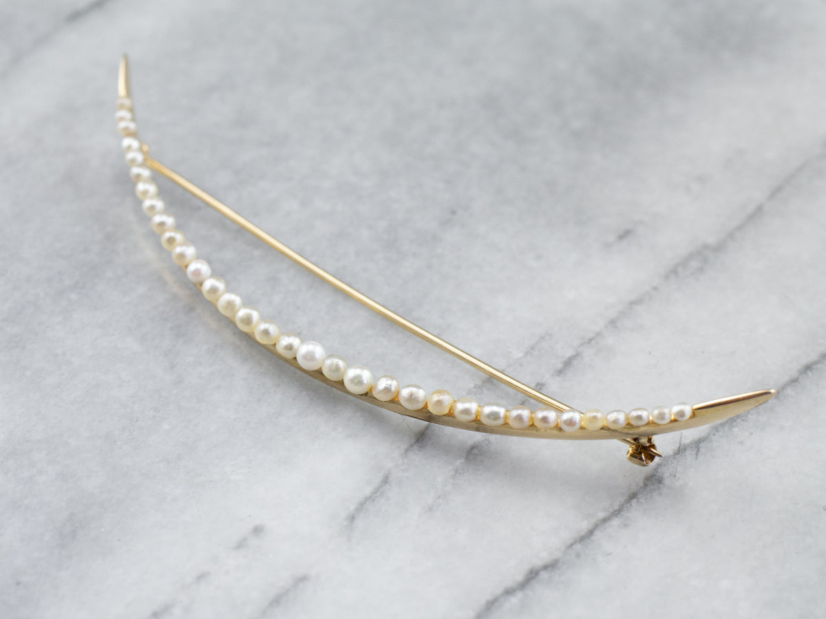 Antique Seed Pearl Crescent Moon Brooch