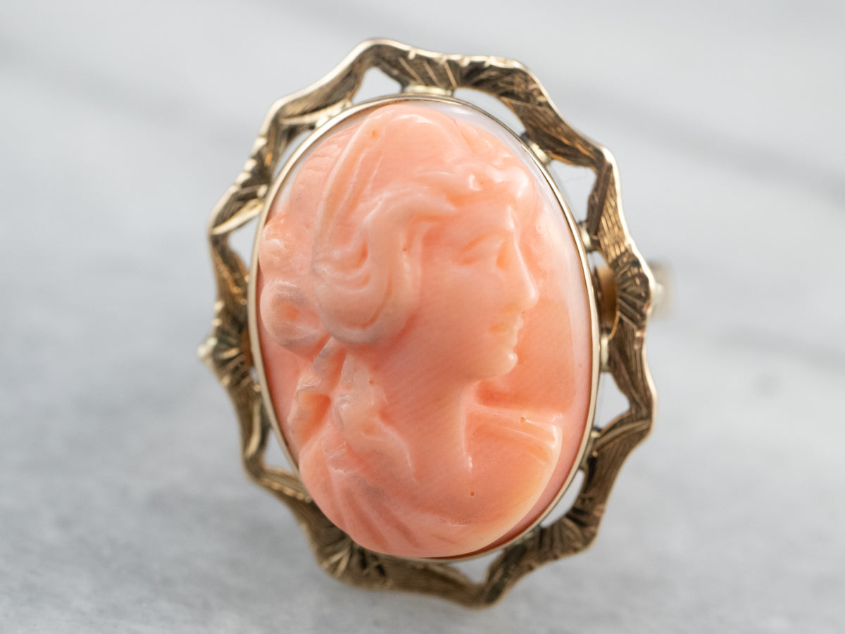 18K Gold Vintage Coral Cameo Ring