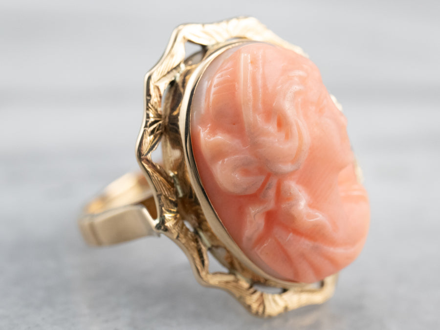 18K Gold Vintage Coral Cameo Ring