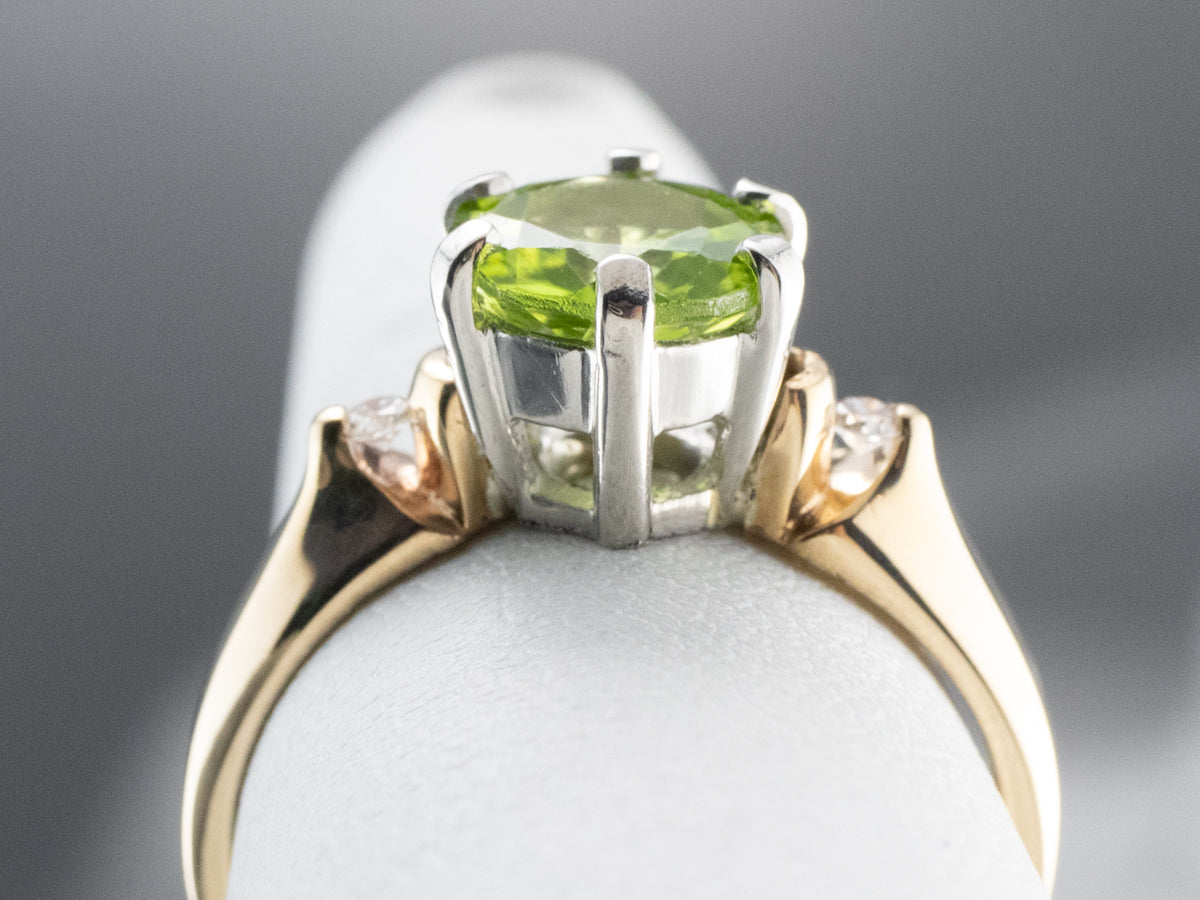 Two Tone Gold Peridot and Diamond Ring