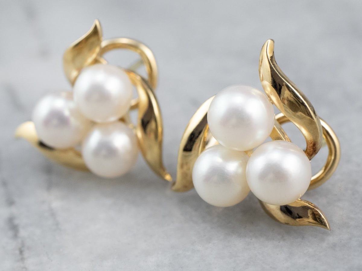 Gold Cultured Pearl Cluster Earrings