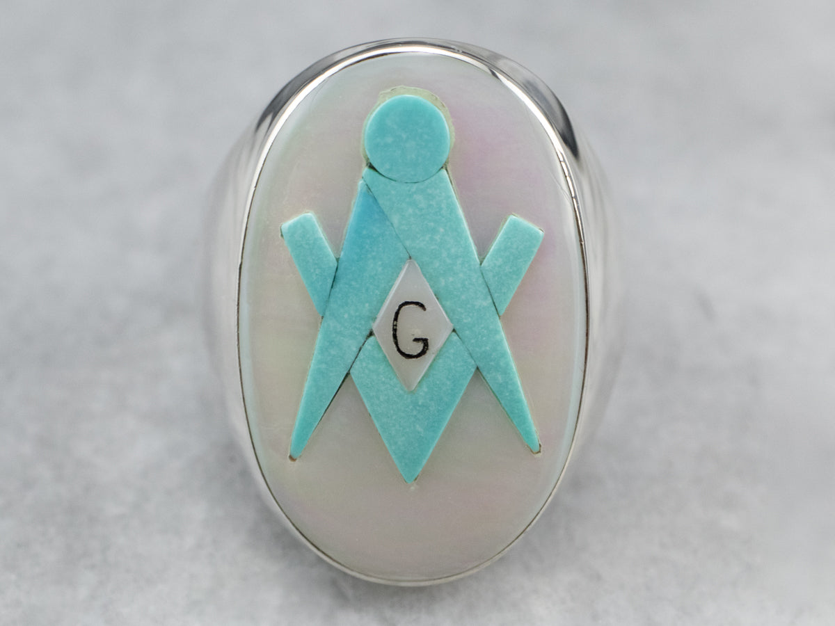 Silver Mother of Pearl and Turquoise Masonic Ring