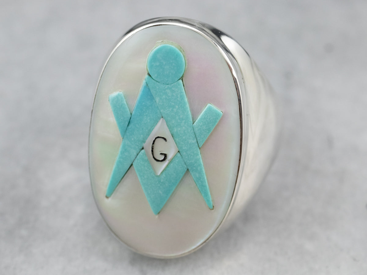 Silver Mother of Pearl and Turquoise Masonic Ring