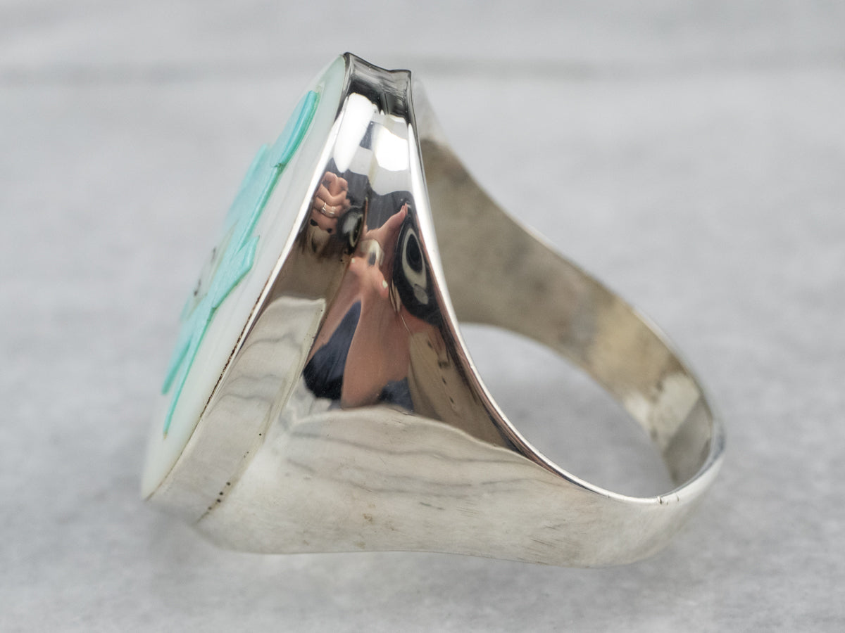 Silver Mother of Pearl and Turquoise Masonic Ring