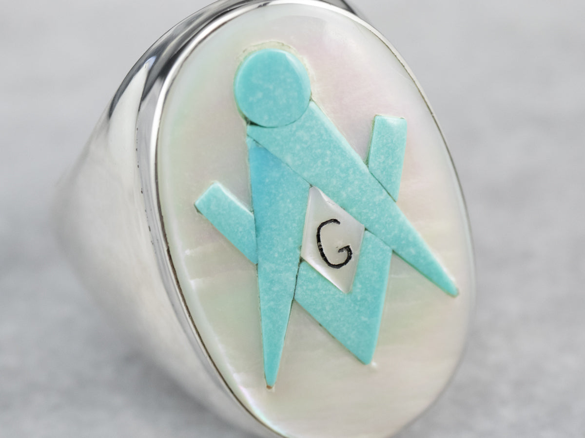 Silver Mother of Pearl and Turquoise Masonic Ring