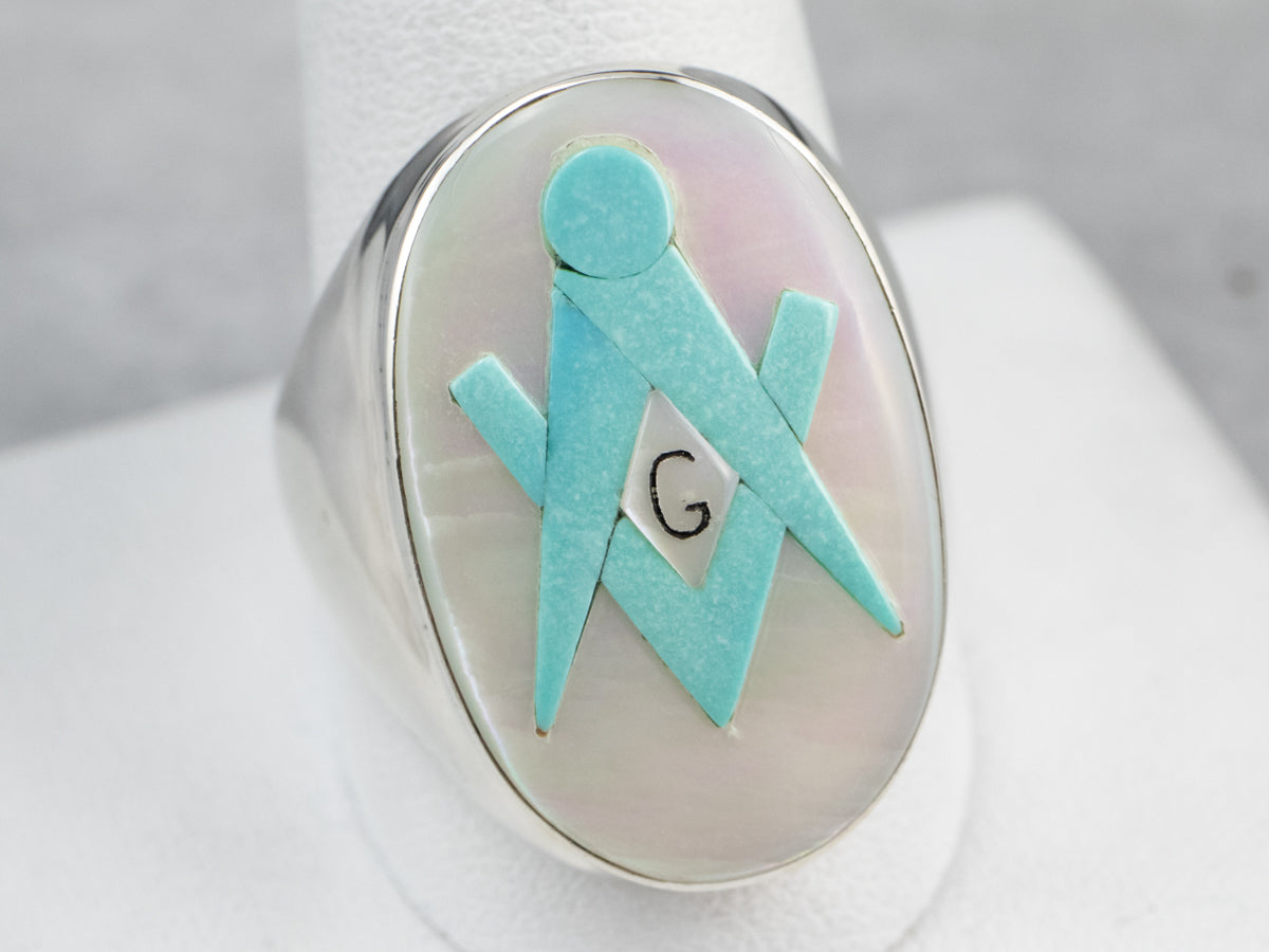 Silver Mother of Pearl and Turquoise Masonic Ring