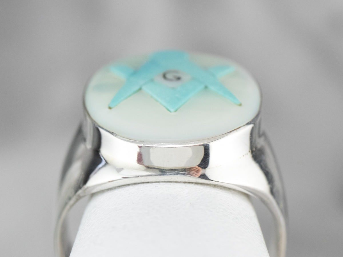 Silver Mother of Pearl and Turquoise Masonic Ring