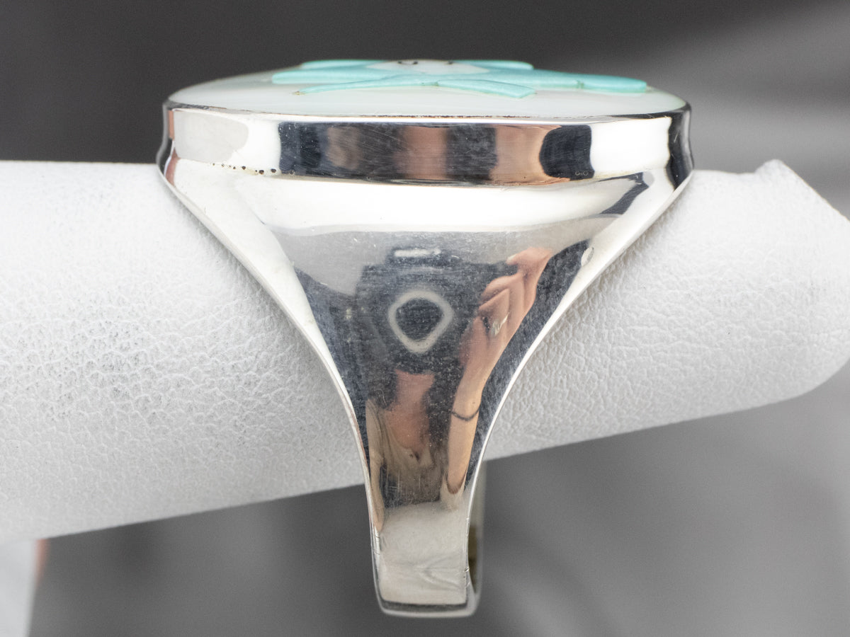 Silver Mother of Pearl and Turquoise Masonic Ring
