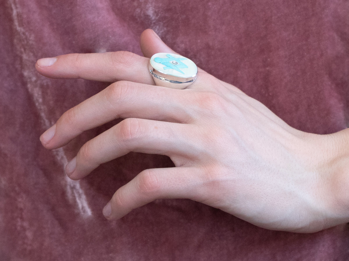 Silver Mother of Pearl and Turquoise Masonic Ring