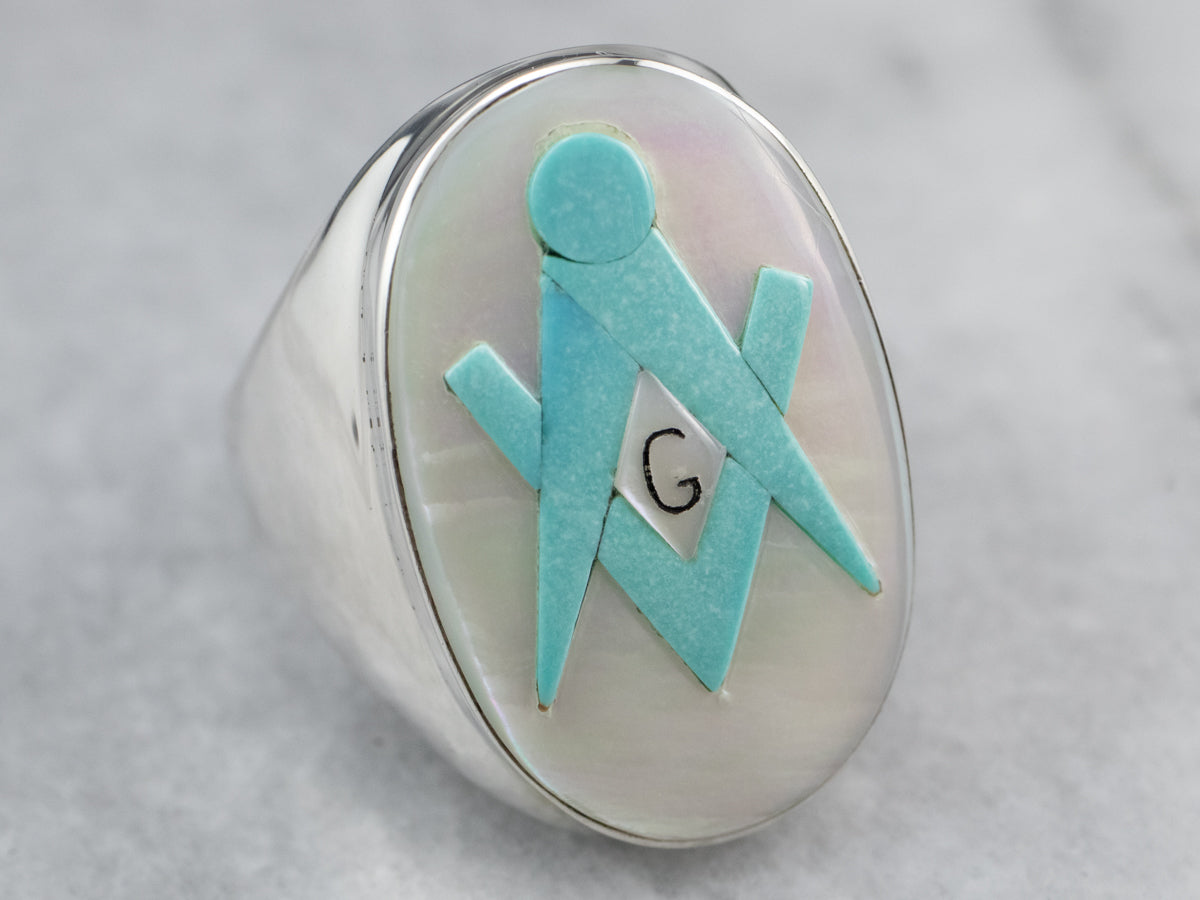 Silver Mother of Pearl and Turquoise Masonic Ring