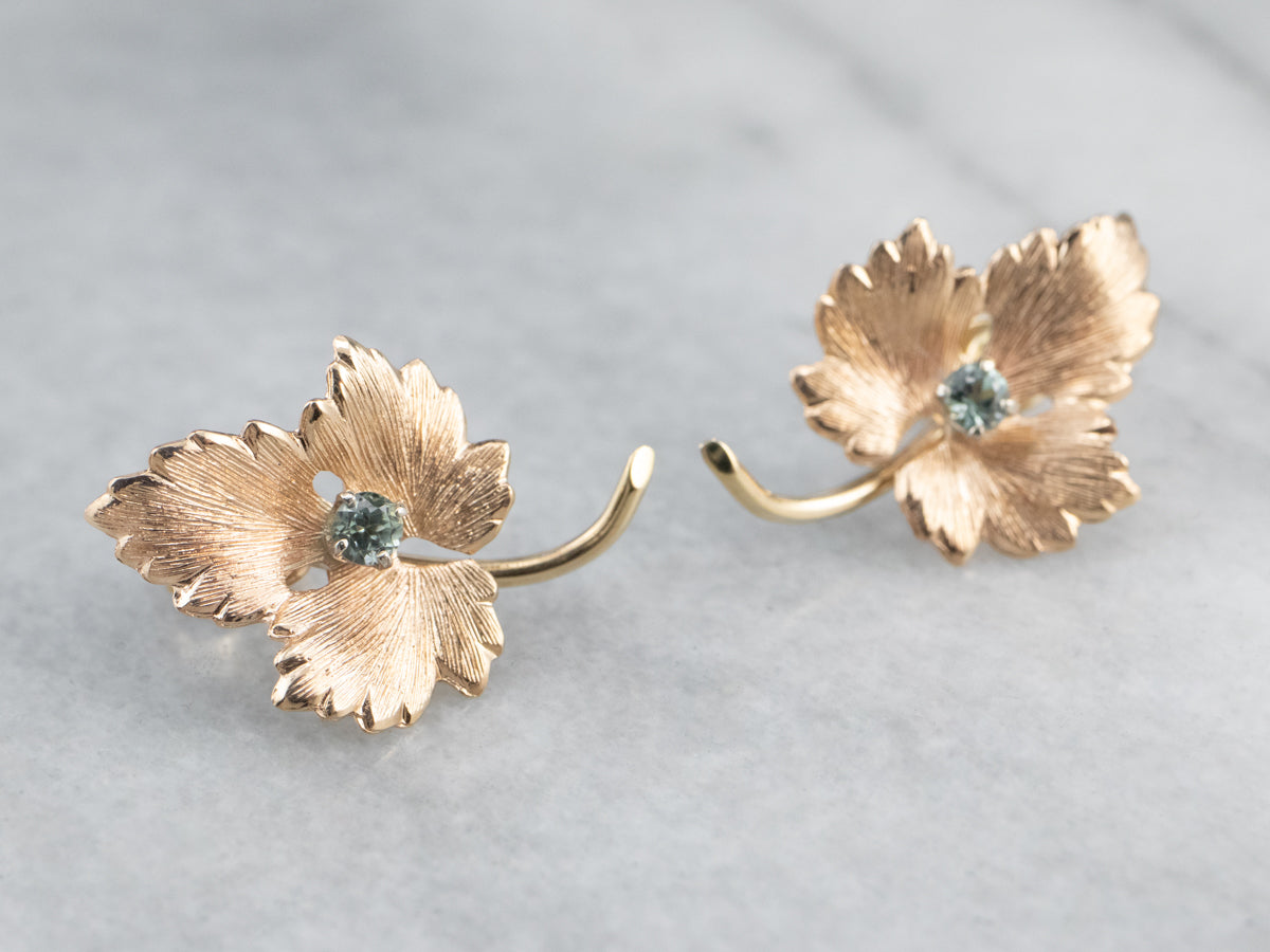 Green Sapphire Gold Leaf Earrings