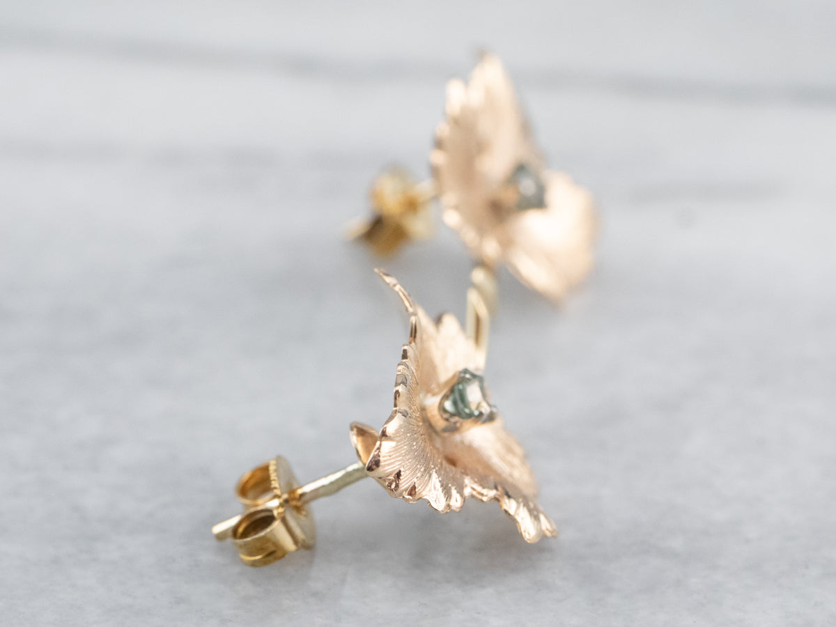 Green Sapphire Gold Leaf Earrings