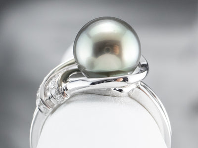 Modernist Black Pearl and Diamond Ring