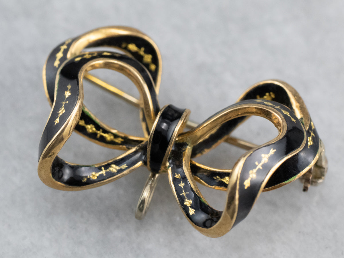 Vintage Black Enamel Gold Bow Brooch