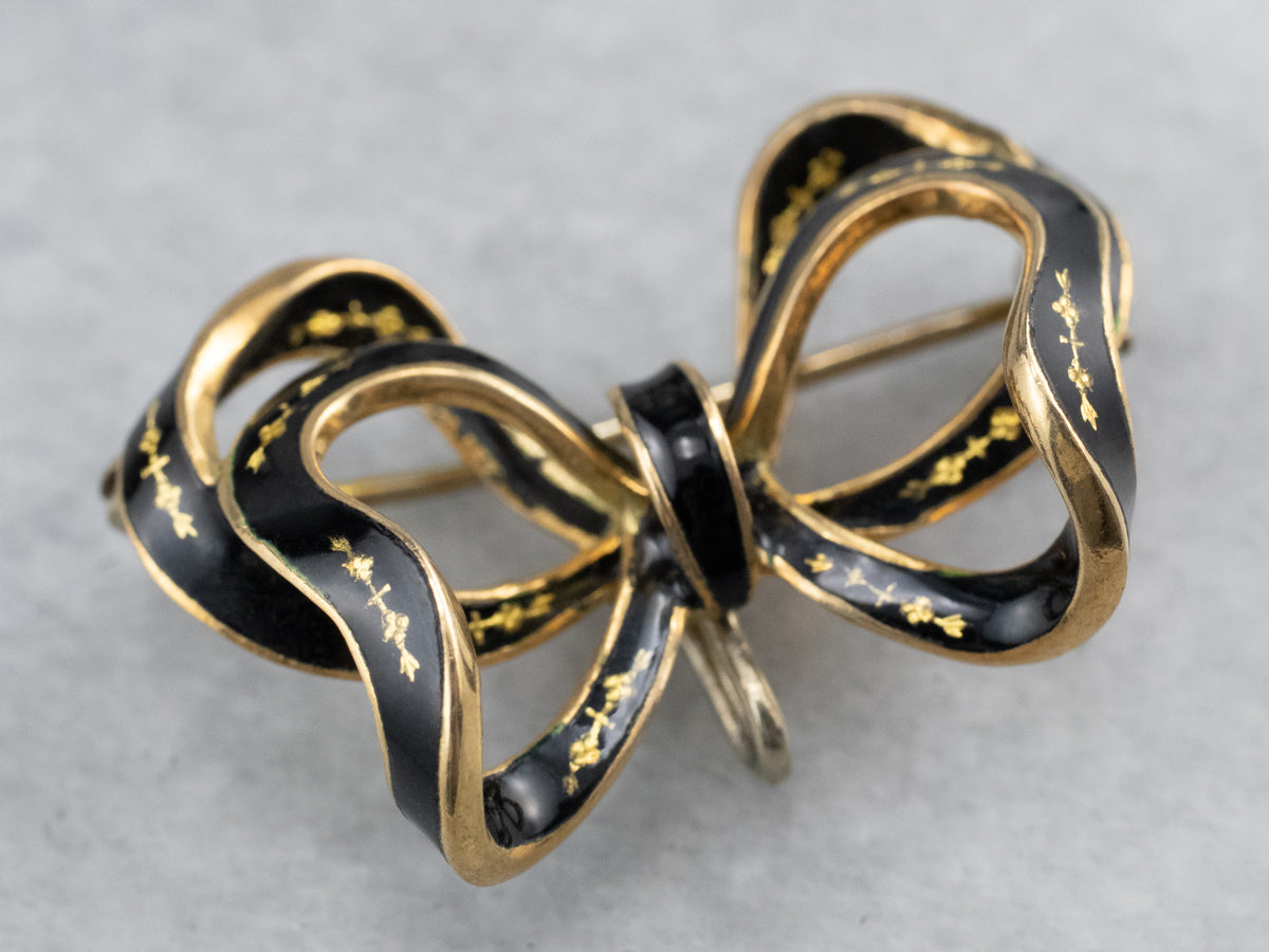 Vintage Black Enamel Gold Bow Brooch
