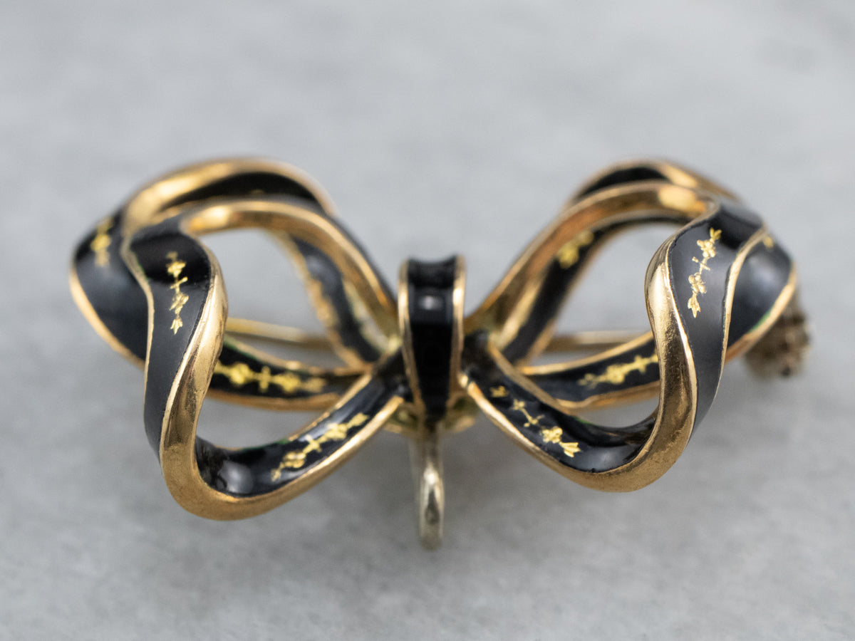 Vintage Black Enamel Gold Bow Brooch