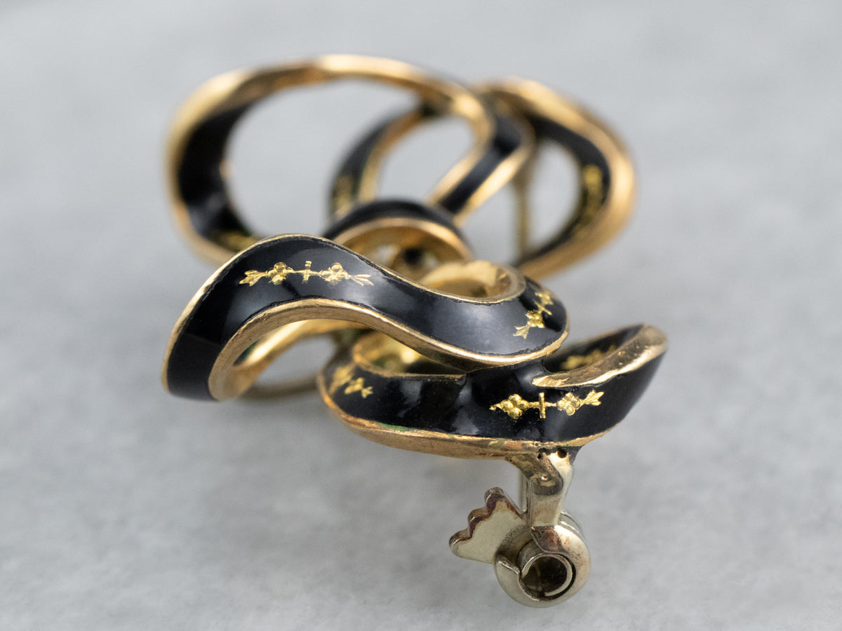 Vintage Black Enamel Gold Bow Brooch