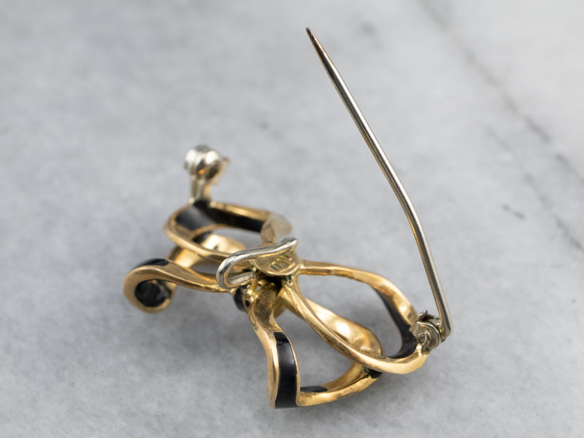 Vintage Black Enamel Gold Bow Brooch