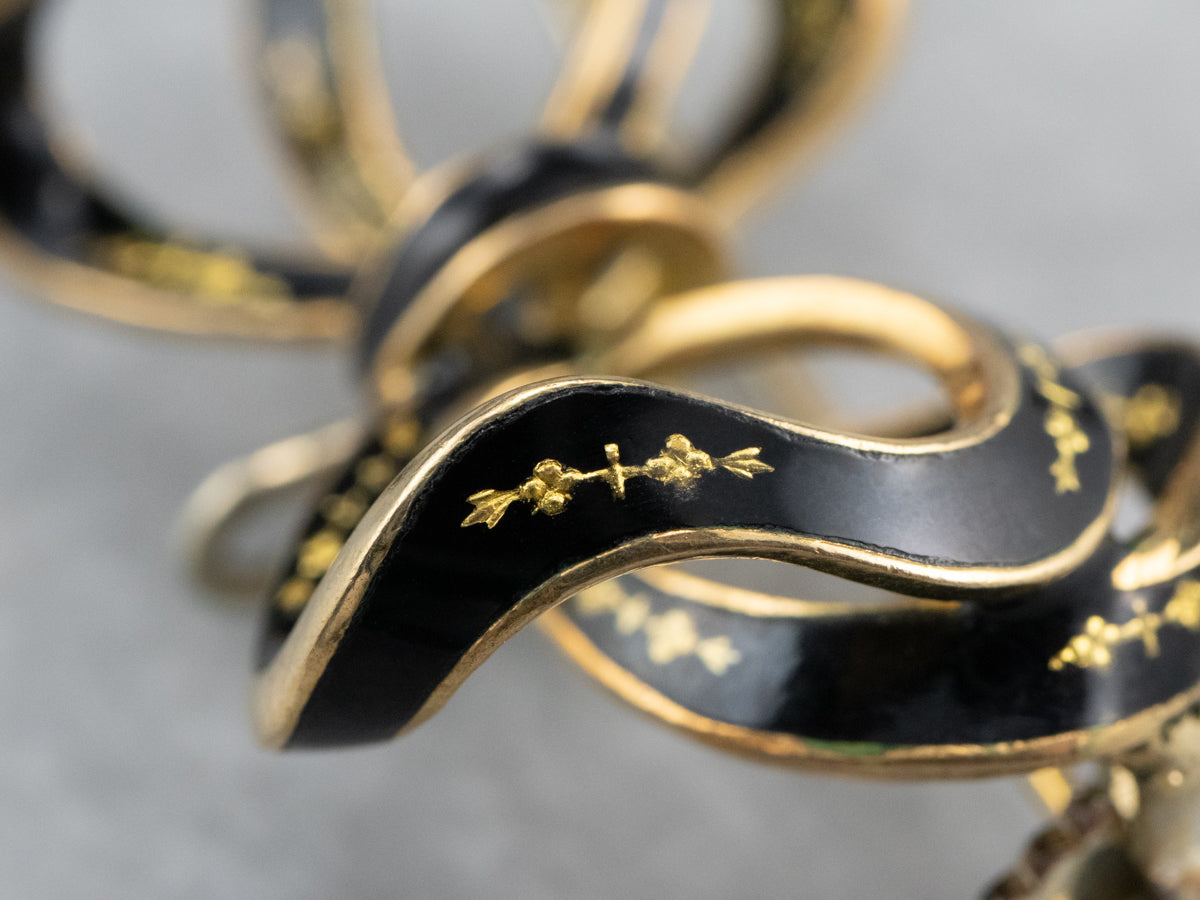 Vintage Black Enamel Gold Bow Brooch