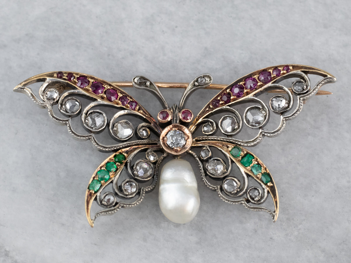 Art Nouveau Gemstone Butterfly Brooch