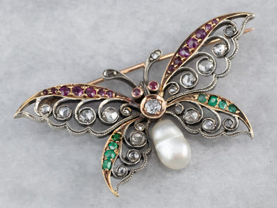 Art Nouveau Gemstone Butterfly Brooch