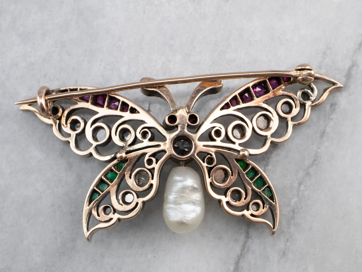 Art Nouveau Gemstone Butterfly Brooch