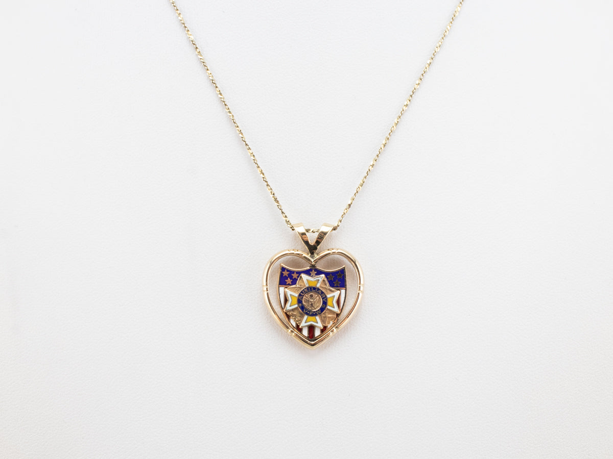 Auxiliary VFW Gold and Enamel Shield Heart Pendant