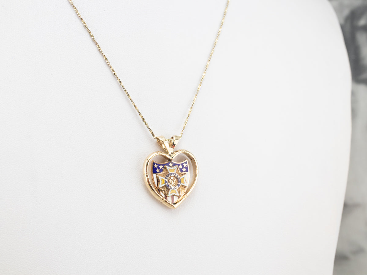 Auxiliary VFW Gold and Enamel Shield Heart Pendant