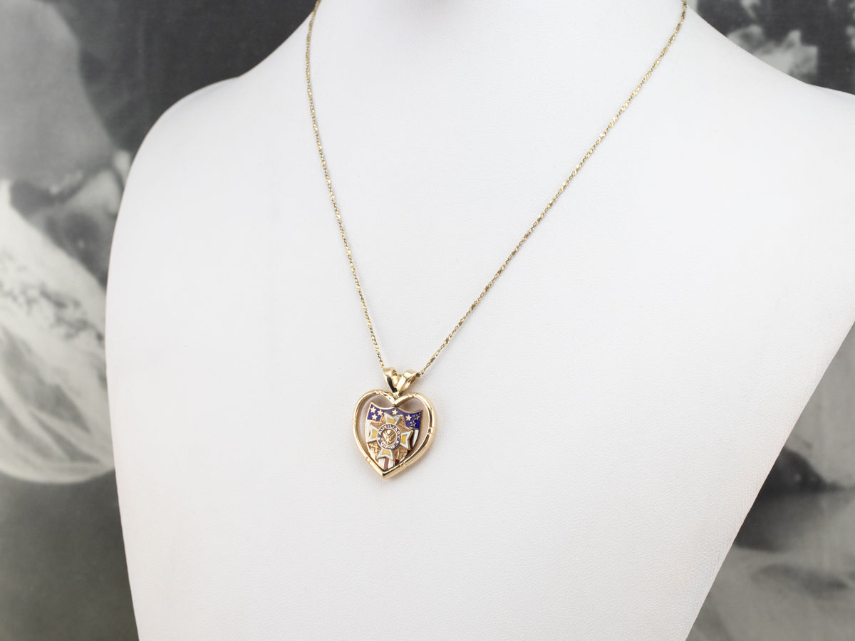 Auxiliary VFW Gold and Enamel Shield Heart Pendant