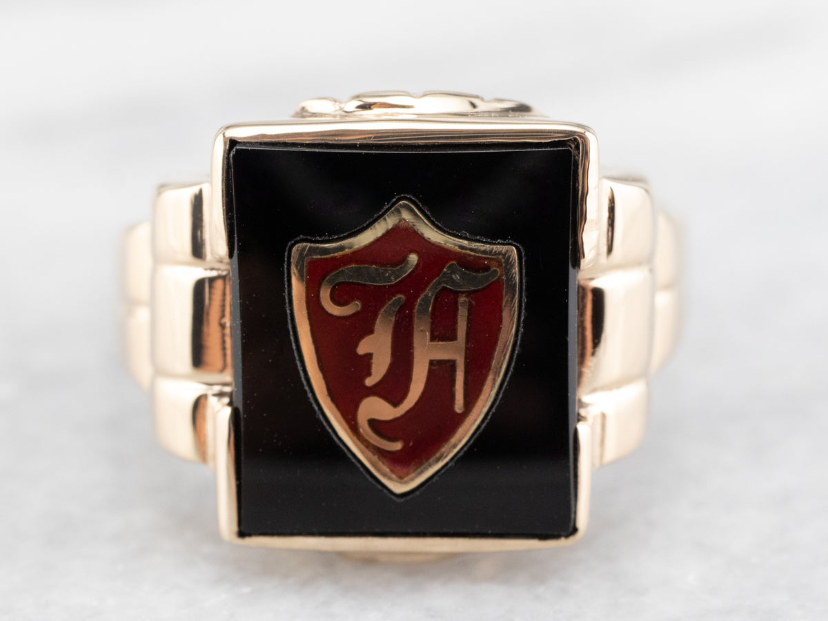 Vintage "F" Onyx and Enamel Signet Ring