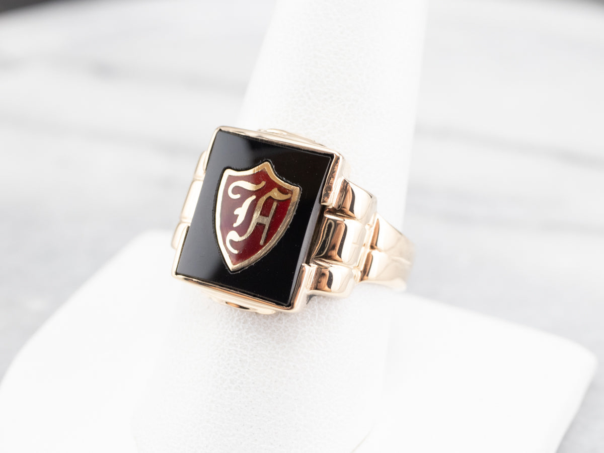 Vintage "F" Onyx and Enamel Signet Ring