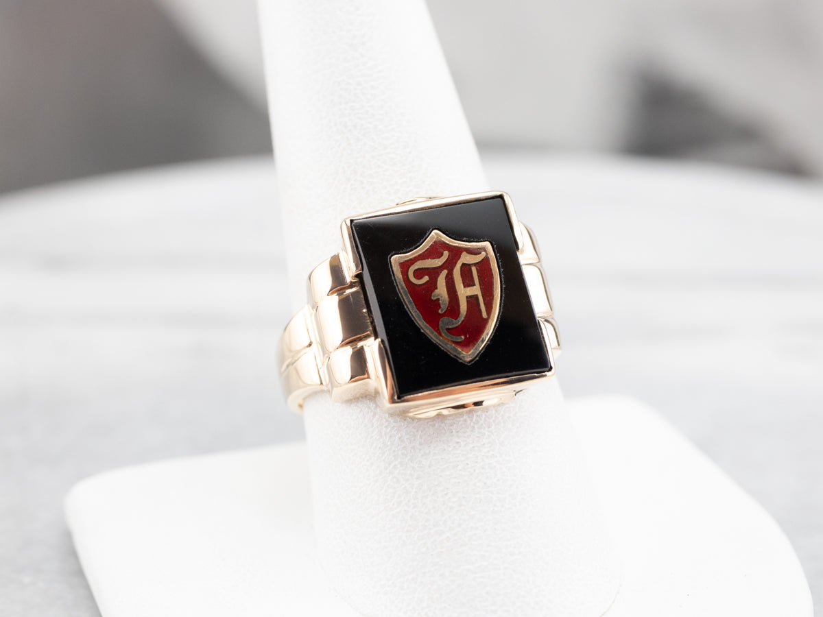 Vintage "F" Onyx and Enamel Signet Ring