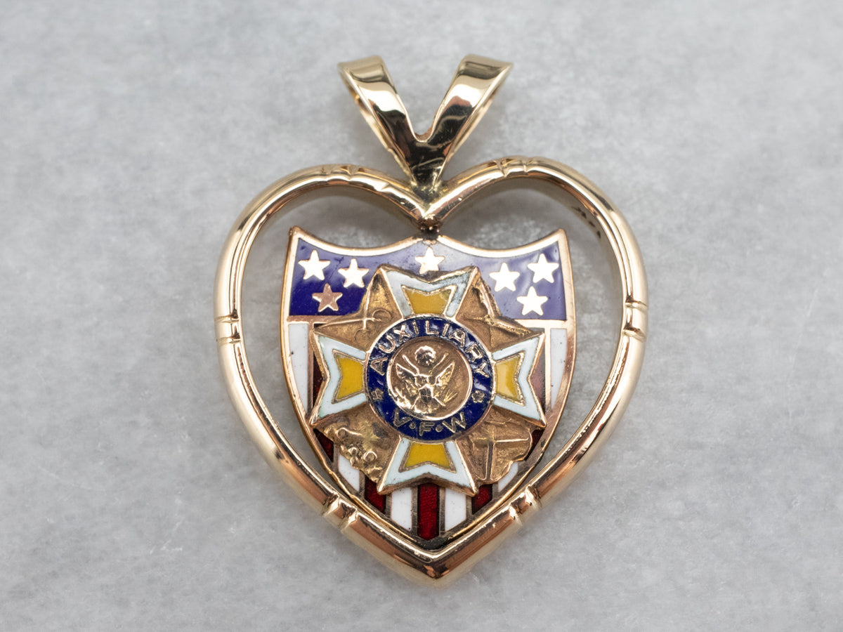 Auxiliary VFW Gold and Enamel Shield Heart Pendant