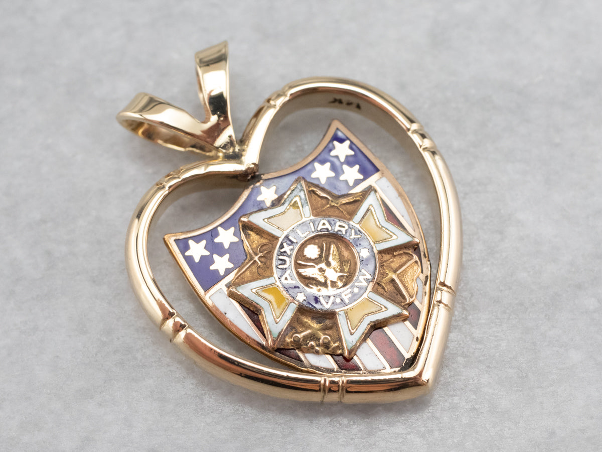 Auxiliary VFW Gold and Enamel Shield Heart Pendant